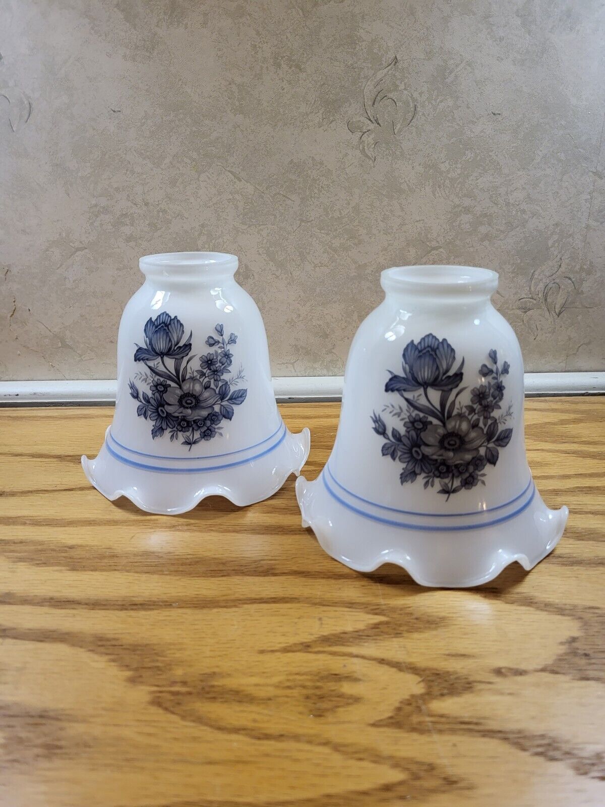 Pair Vtg Ruffled Bell White Glass W/ Blue Flowers Lamp Shades 