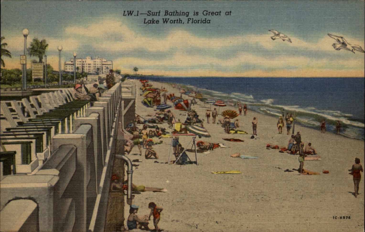 Surf Bathing Lake Worth Florida beach sand ~ 1940s linen postcard