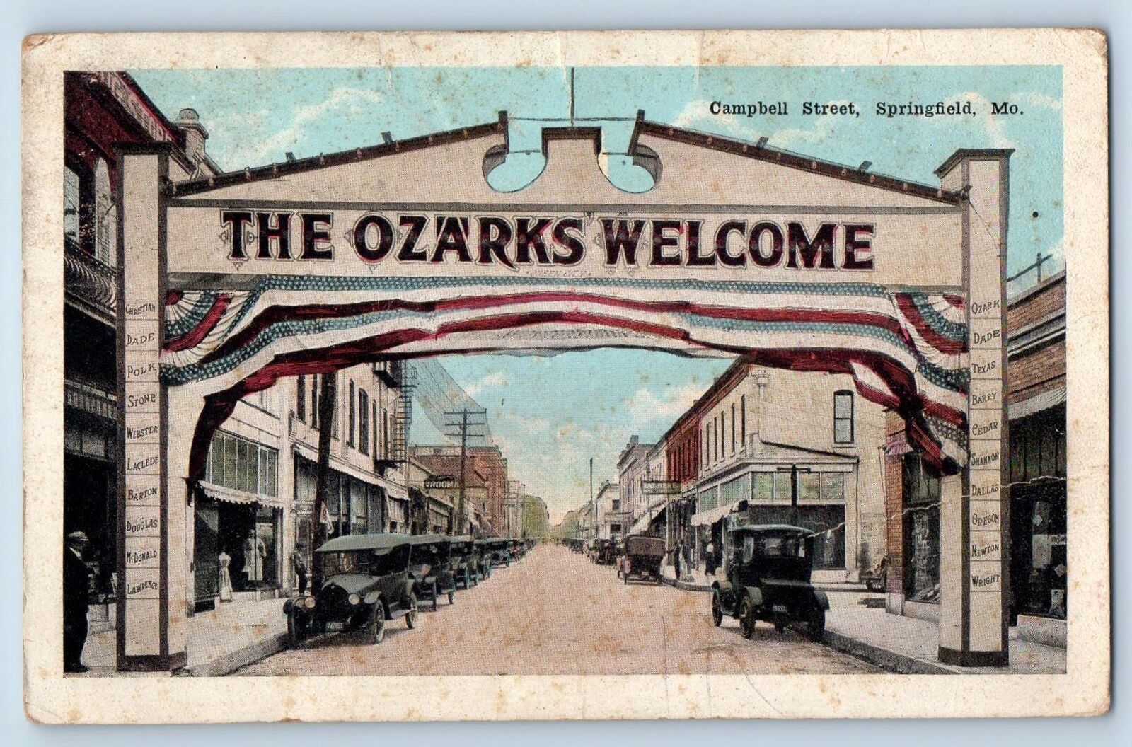 Springfield Missouri MO Postcard Campbell Street The Ozarks Welcome Arch 1920