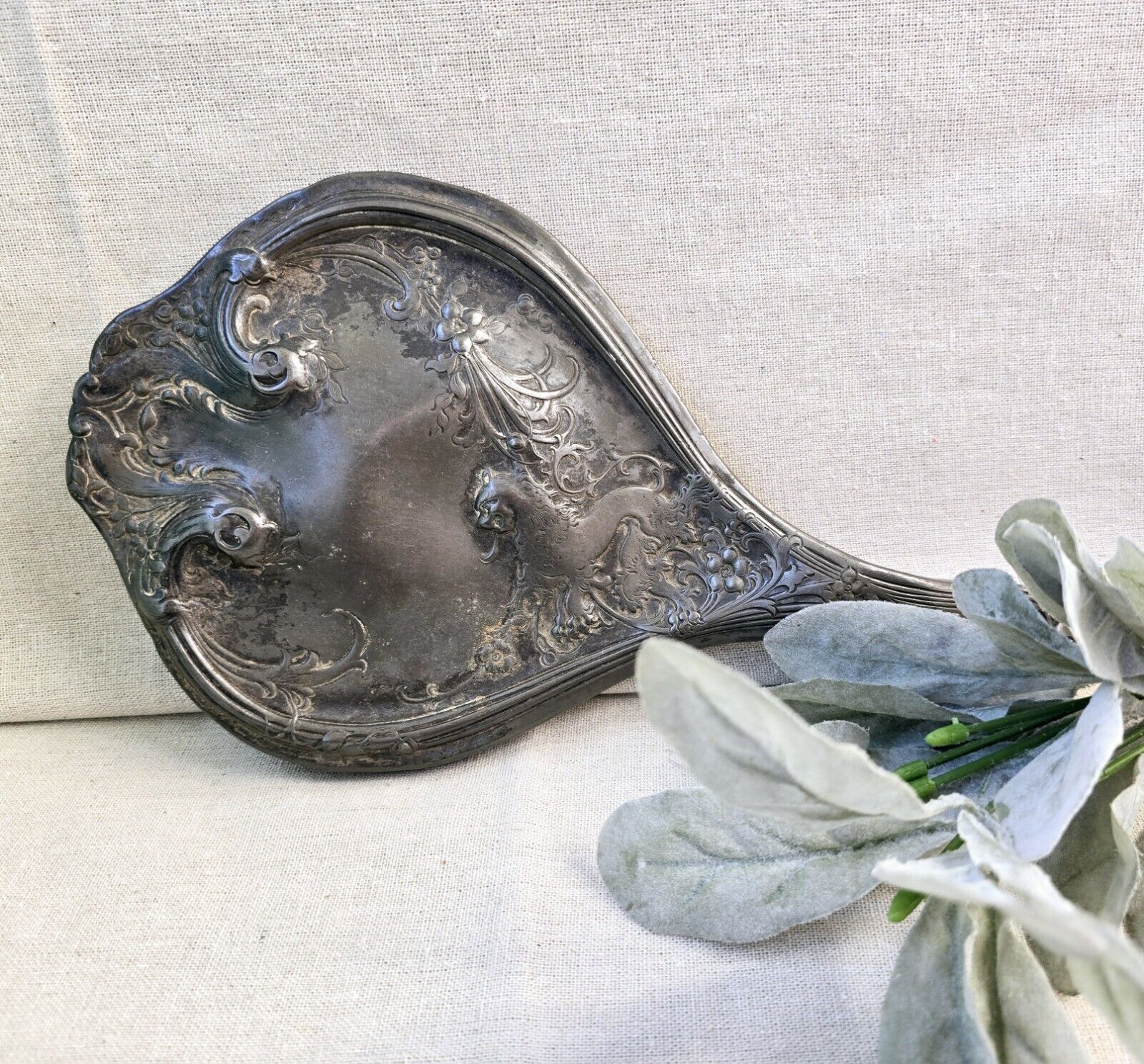 Victorian Silver Plated Antique Hand Mirror With Rampant Lion And Floral Design