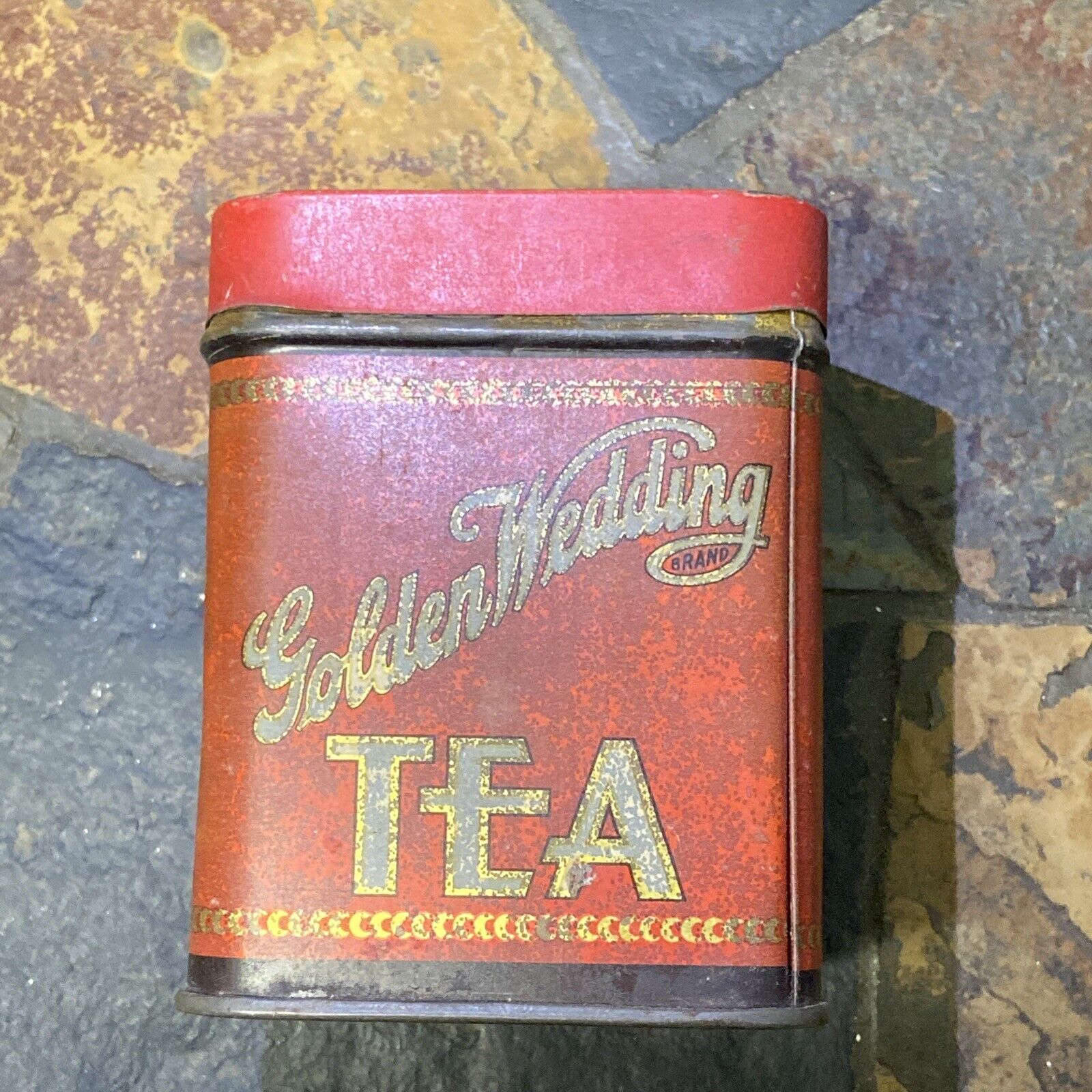 VINTAGE EARLY 1900'S GOLDEN WEDDING ORANGE PEKOE TEA TIN CONTAINER BOX