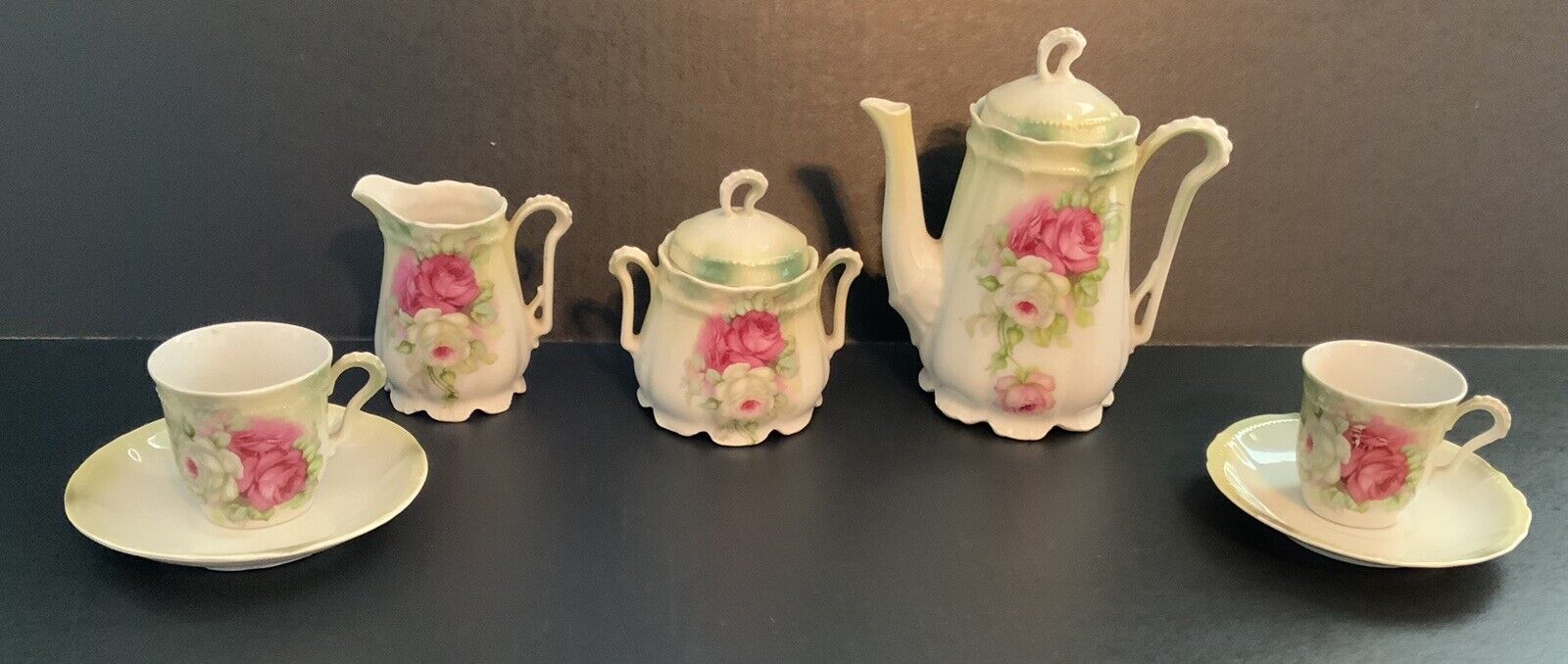 9 PCS Antique German Porcelain Victorian Pink Roses Scallop base Tea Set; 2 Lids
