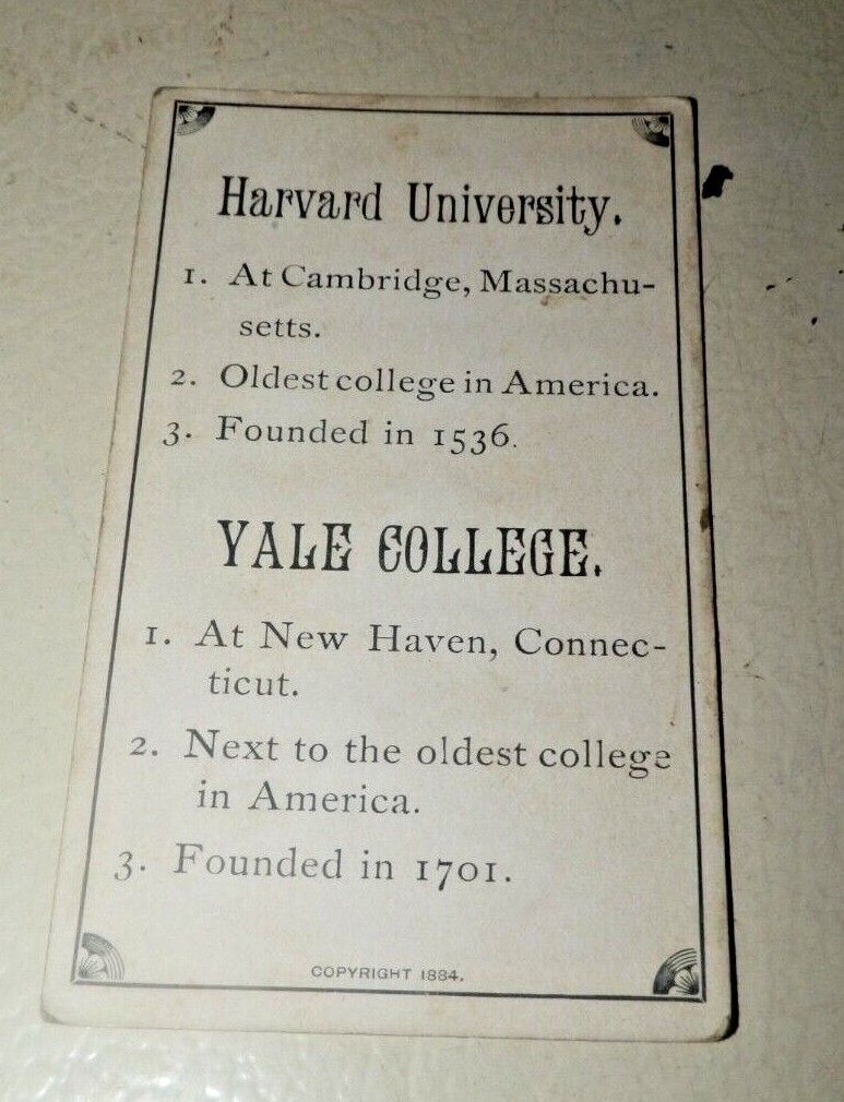 Circa 1880\'s School Fact Flashcard-Harvard University and Yale College