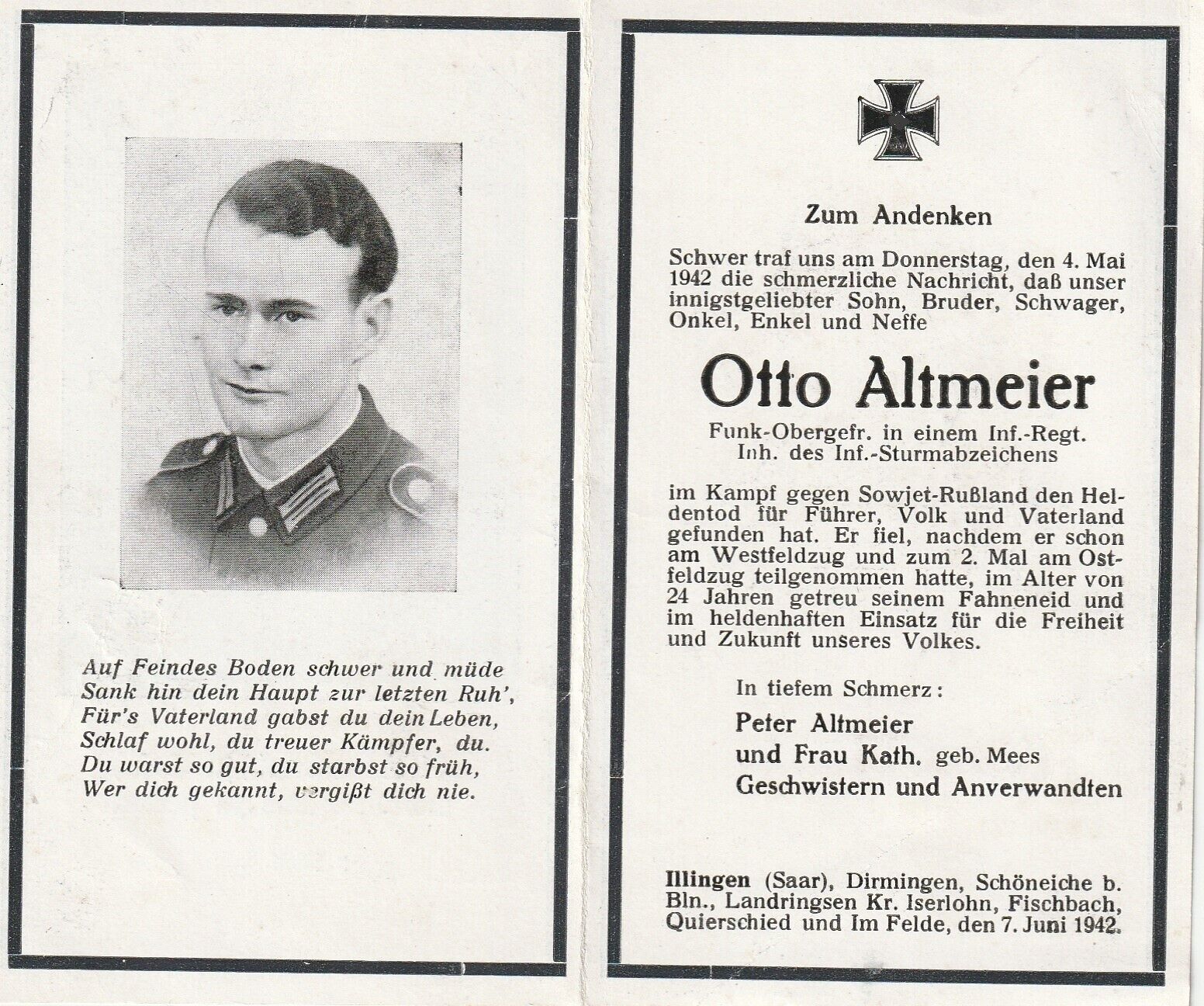German  WW2  Soldier Death Card *ORIGINAL *Infantry Regt - Radioman Ukraine 1942