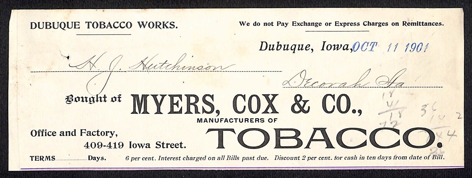 Myers, Cox & Co Dubuque Tobacco Works Hutchinson Decorah IA* Cut 1901 Billhead