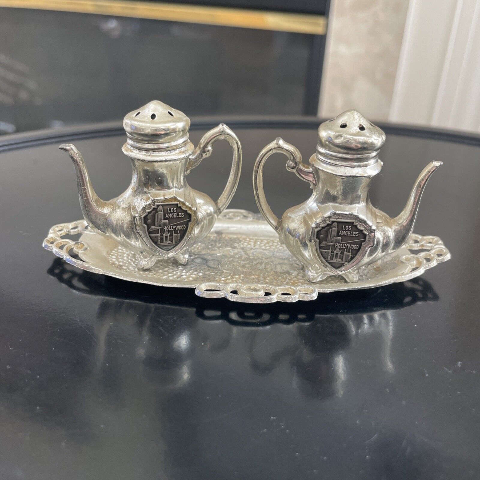 Antique LA / Hollywood Souvenir Mini Teapot Salt & Pepper W Tray