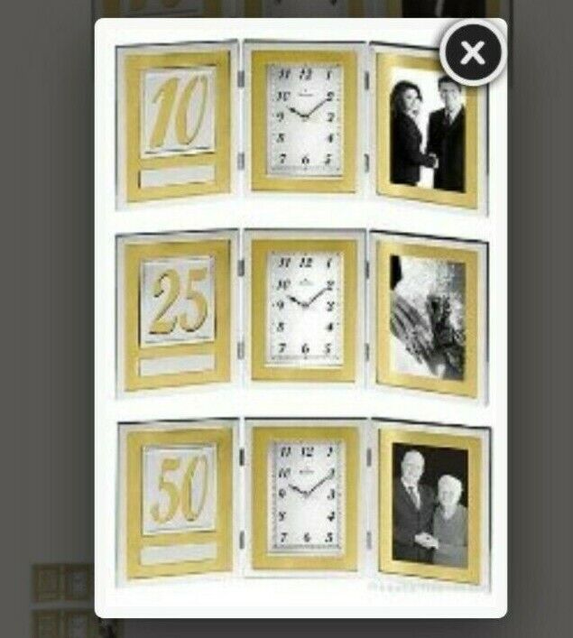 BULOVA MEDALLION 10 25 & 50 ANNIVERSARY PICTURE FRAME DESK CLOCK #1233 $69 GOLD