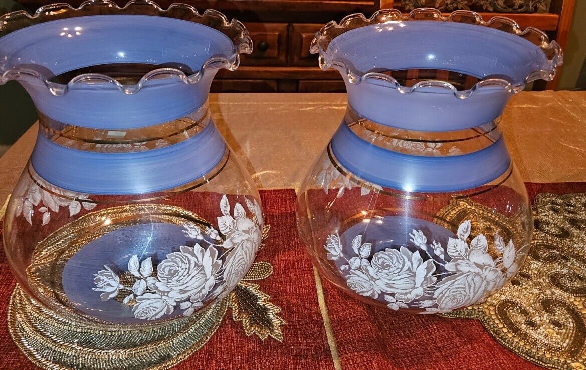 Lot Of 2 Large Vintage Glass Shade Roses Torchiere * Blue/White/Gold Lamp Globe 