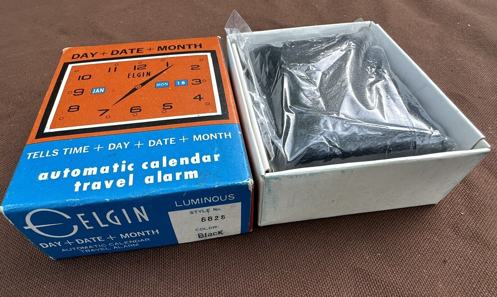 NOS Vintage Elgin Travel Alarm Clock Month/Date/Day in orig. packaging EXCELLENT