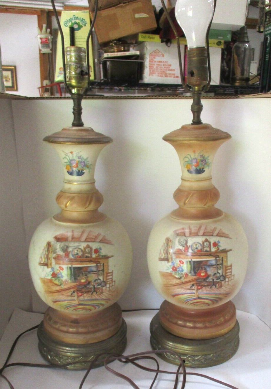 Pair of Ceramic Lamps with Hearth Kitchen Scenes