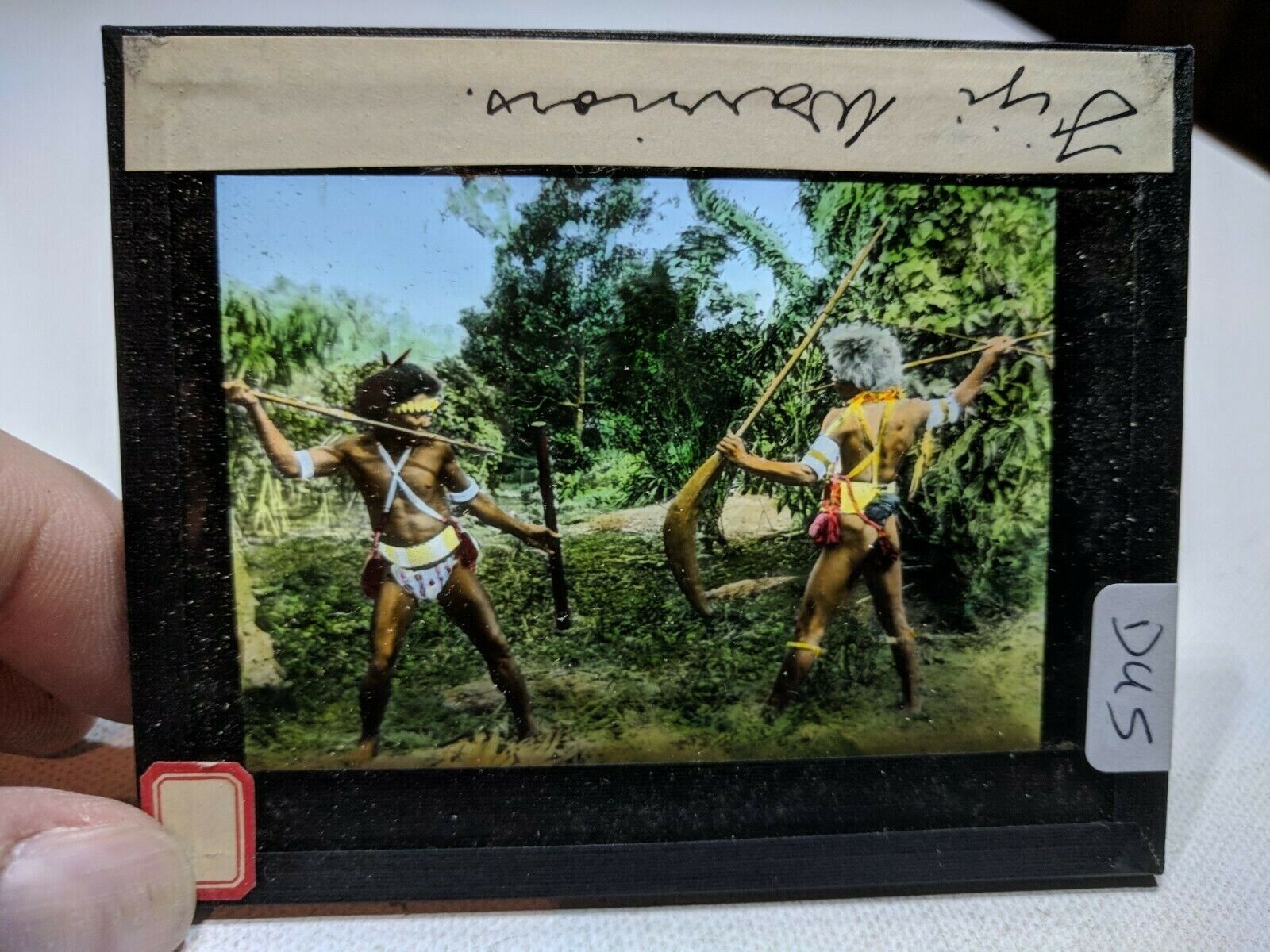 Colored Glass Magic Lantern Slide DUS FIJI NATIVES CANNIBALS WARRIORS IN POSE