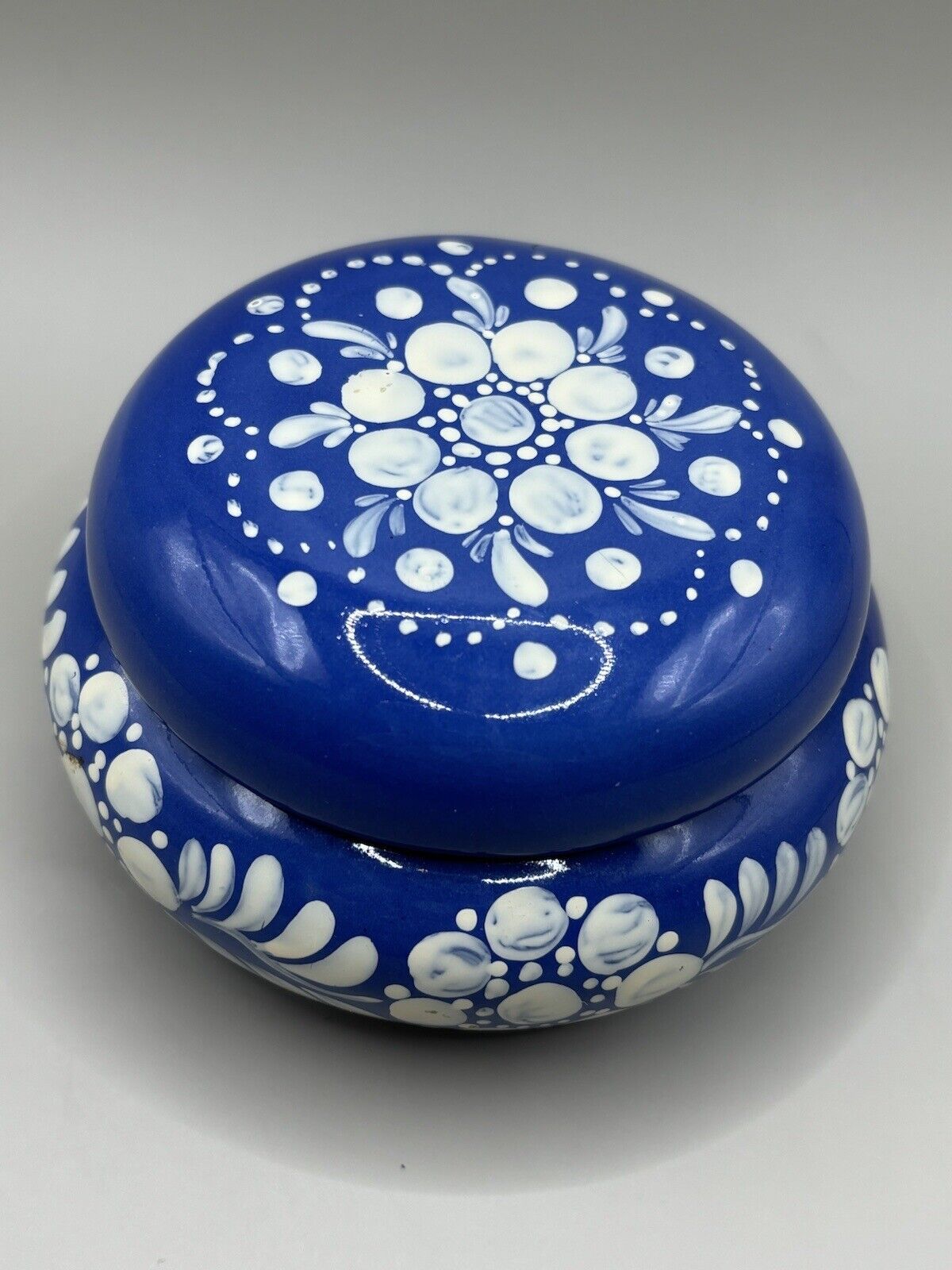 Blue Pottery Trinket Box Hand Painted BEAUTIFUL