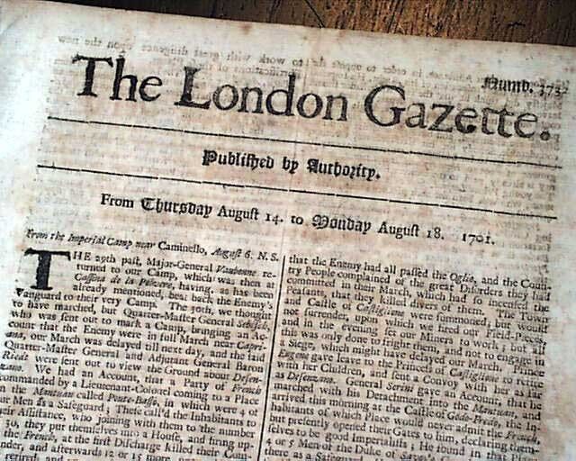 TURN OF THE 18th Century 323 Yrs. old London Gazette England Rare1701 Newspaper 