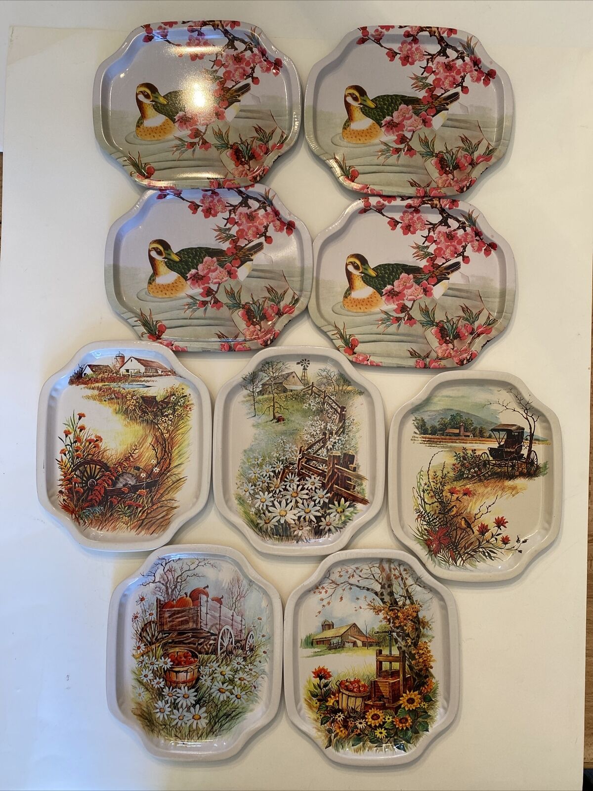 Vintage Metal Snack Tray Lot 9 Pcs- 2 Sets Floral Duck & Country Scenes Preowned