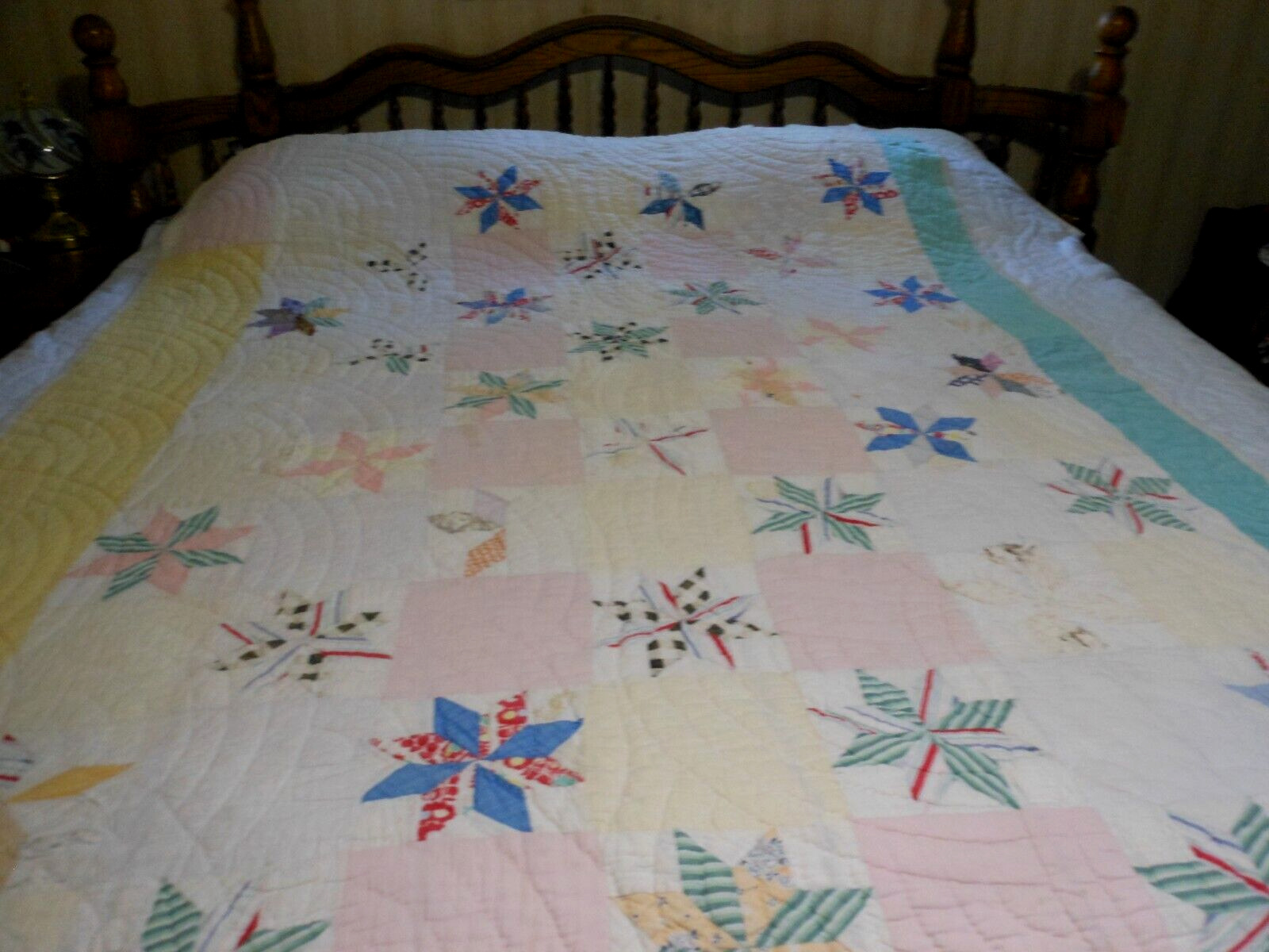 Vintage 50/60's Yellow/Aqua Trimmed CUTTER Star Quilt Hand QUILTED 76
