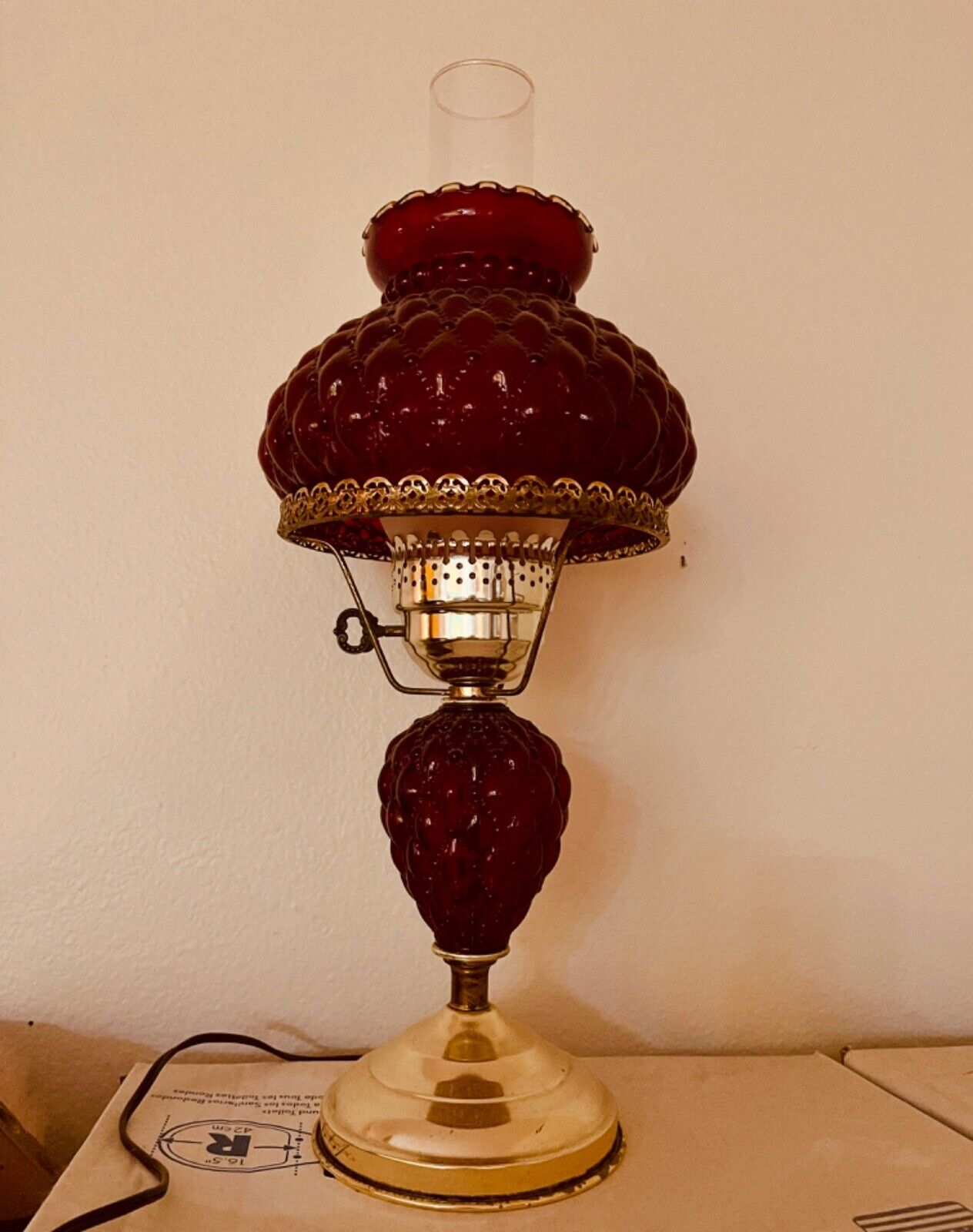 Vtg Fenton Quilted Diamond ruby red cranberry glass hurricane GWTW Parlor Lamp.