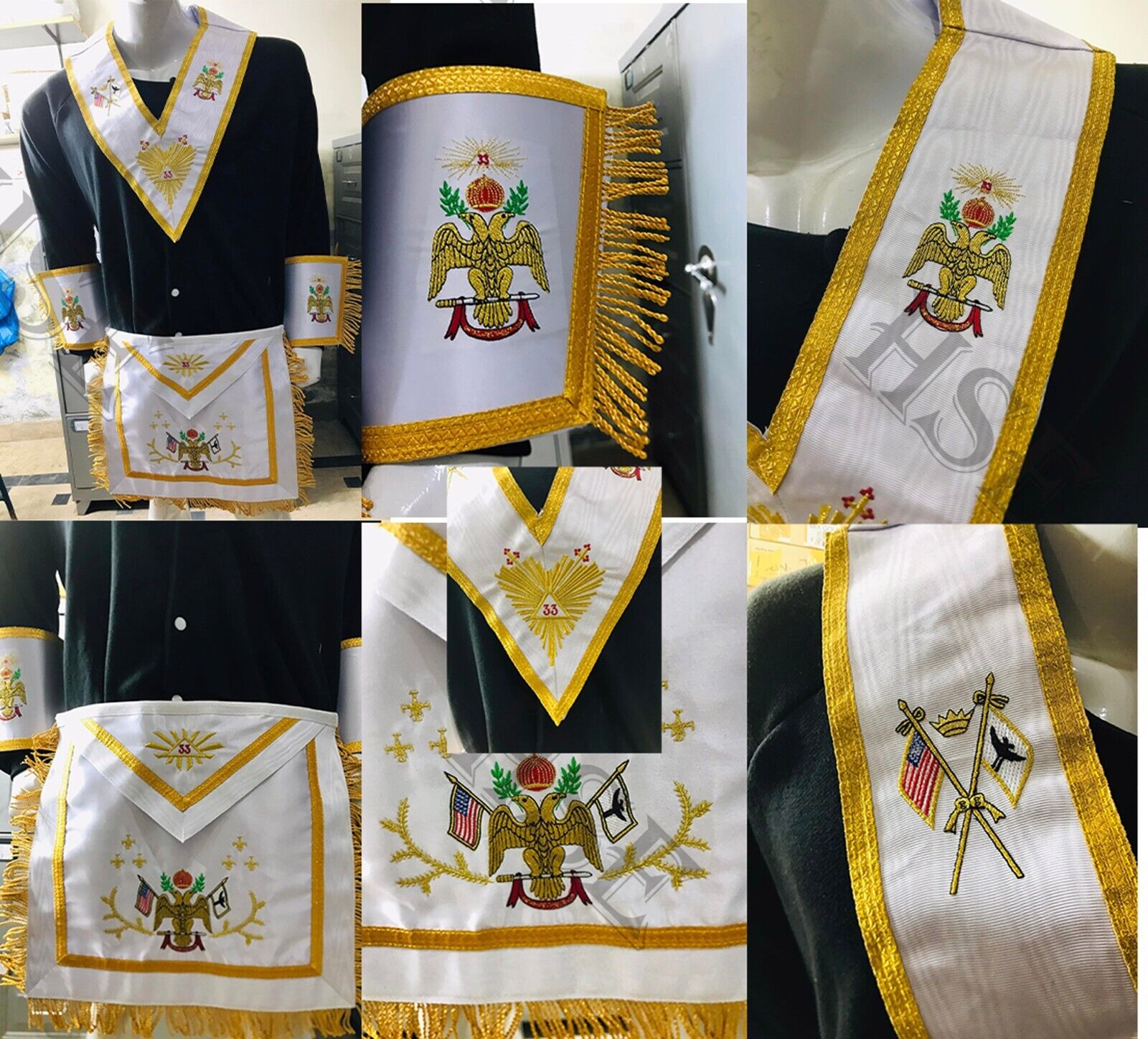 SCOTTISH RITE 33RD DEGREE APRON WITH CUFFS & COLLAR GOLD EMBROIDERY DOWN WINGS