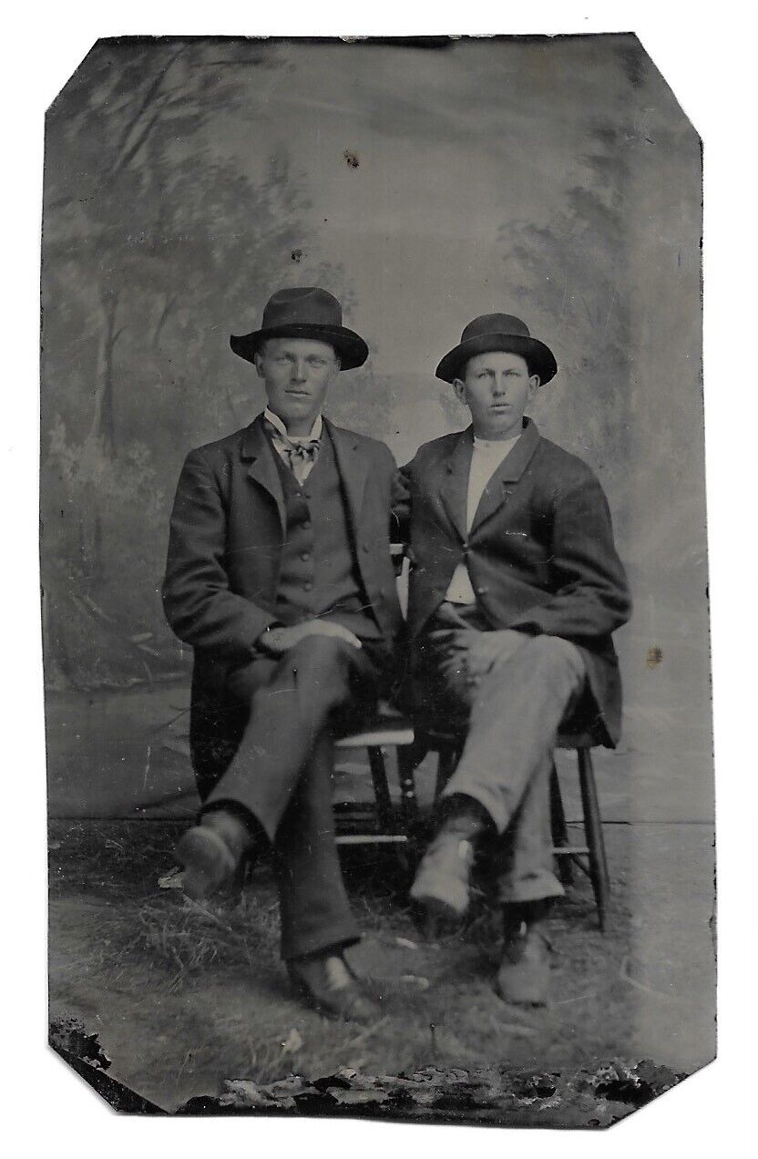 Dapper Men Sitting Closely, Antique Tintype Photo Western Type Setting