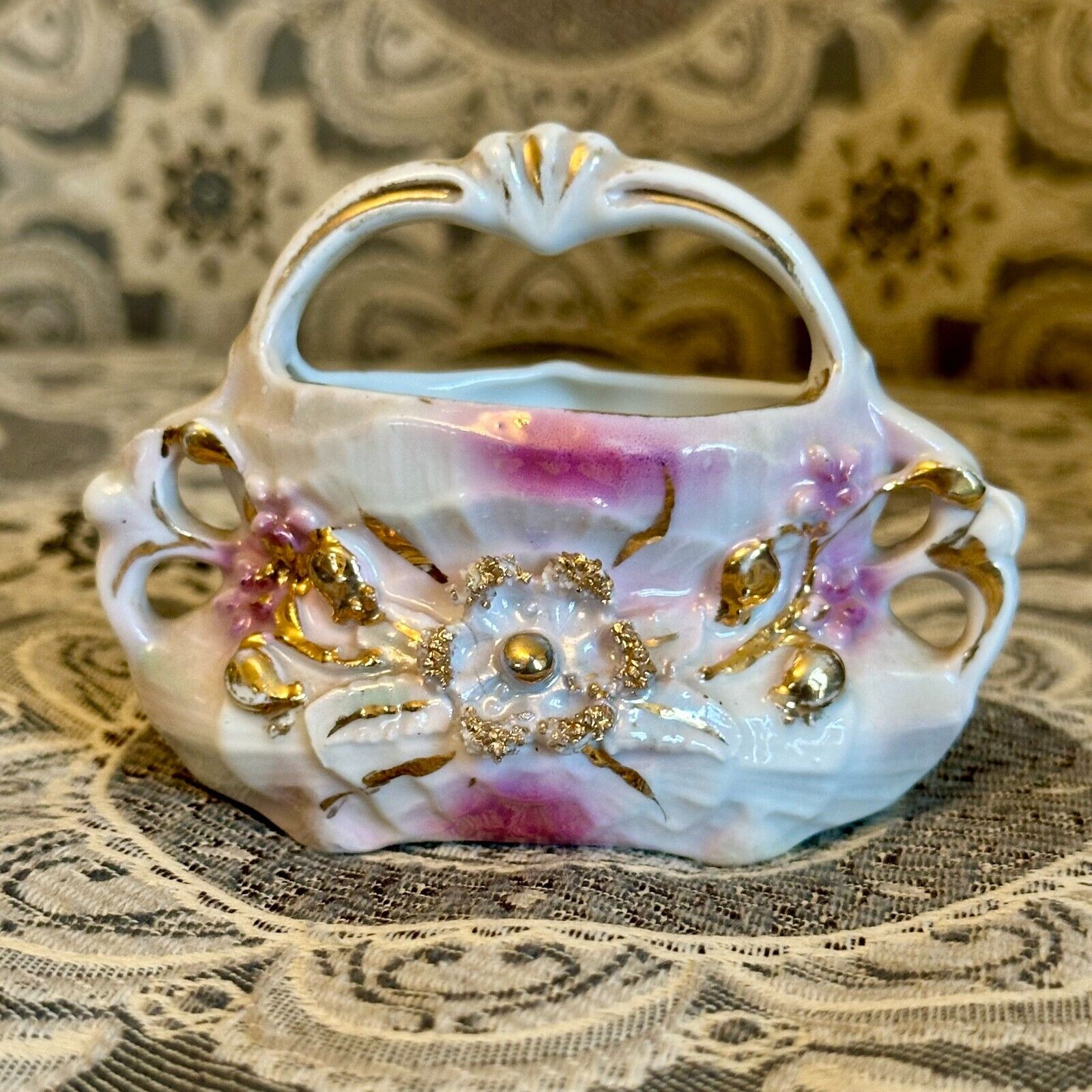 Antique Beautiful German Porcelain Basket Ornate Hand Painted Pink Gold Floral