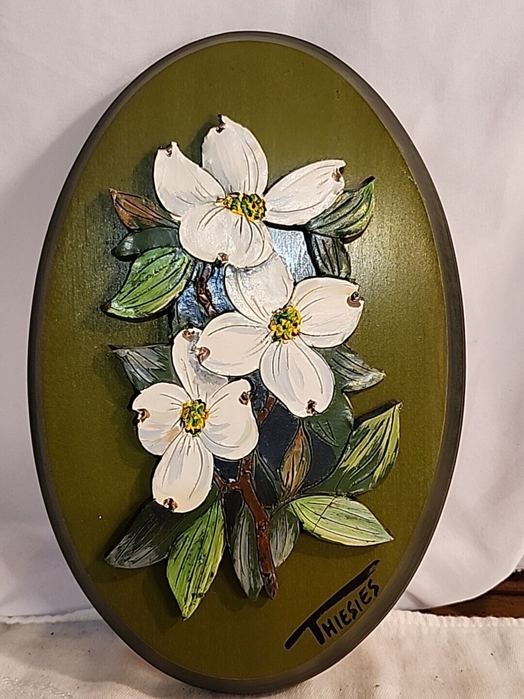 Vintage Signed Handpainted Dogwood Wall Plaque