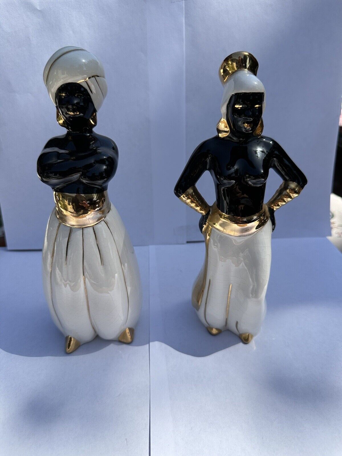 Pair of Vintage Nubian Blackamoor Harem Dancer Ceramic Figures gold trim 60s 50s