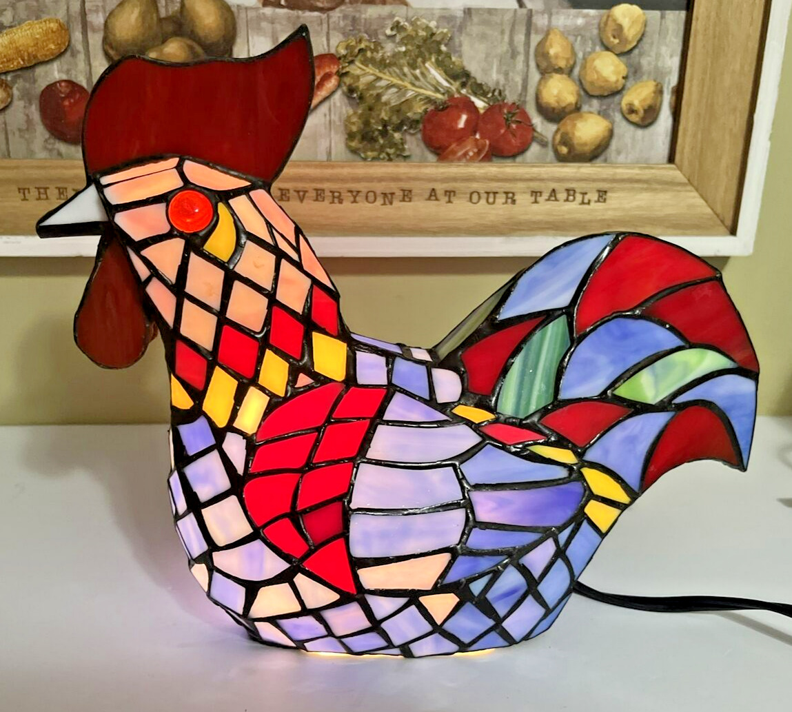 Vintage Rooster Chicken Lamp Stained Slag Glass Night Light Farmhouse Decor
