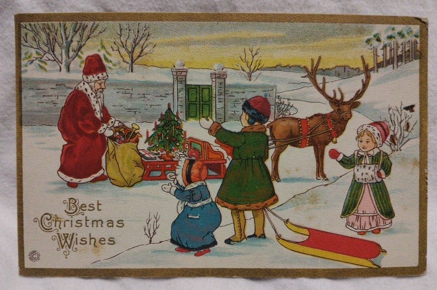 Christmas Postcard Santa Claus with Reindeer c1920 Children Toys Stecher 402-F