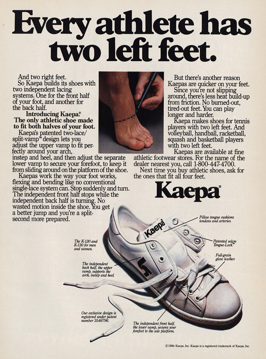 1984 Kaepa Shoes: Athlete Two Left Feet Vintage Print Ad