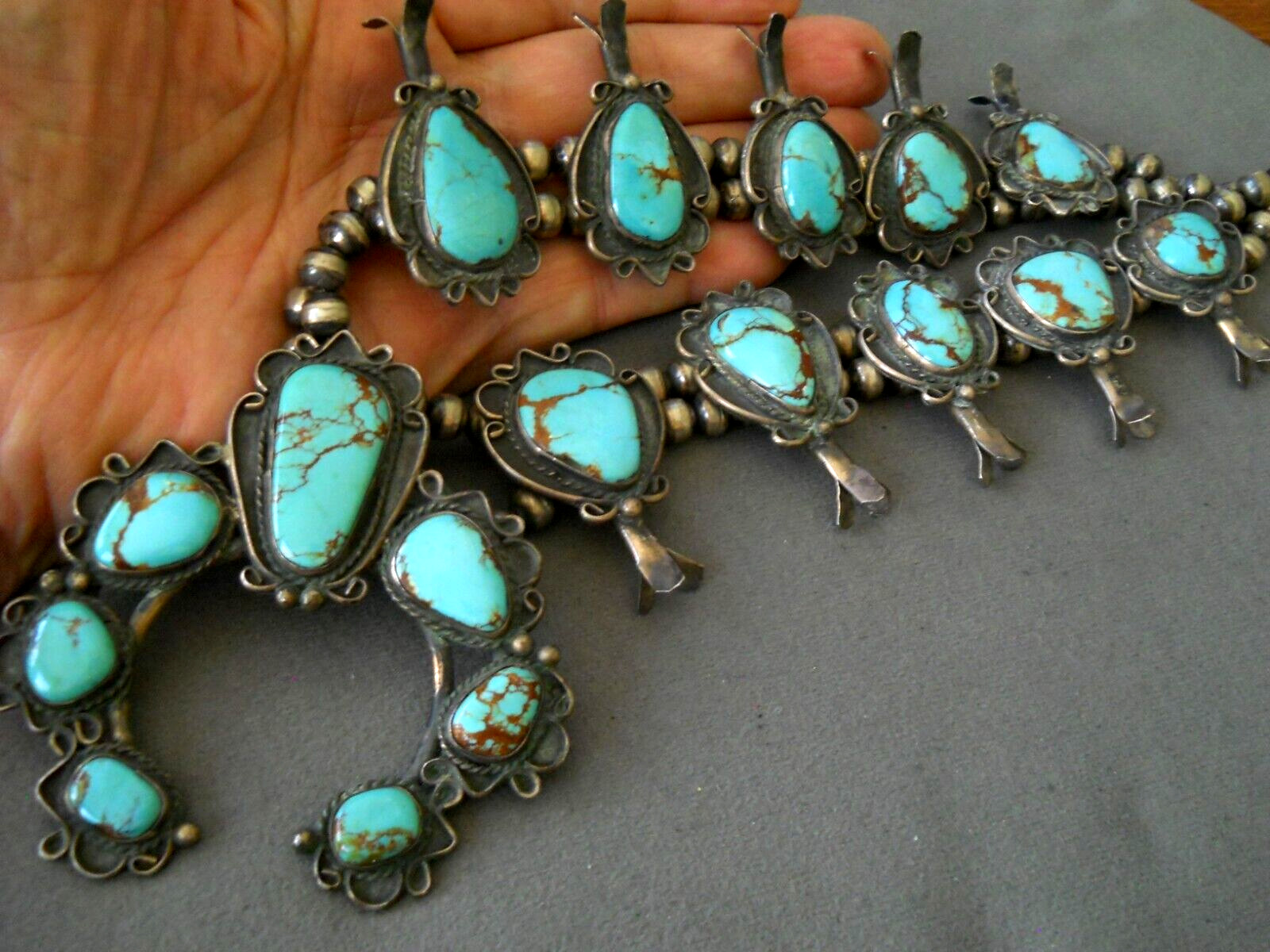 OLD Native American Number 8 Turquoise Sterling Silver Squash Blossom Necklace