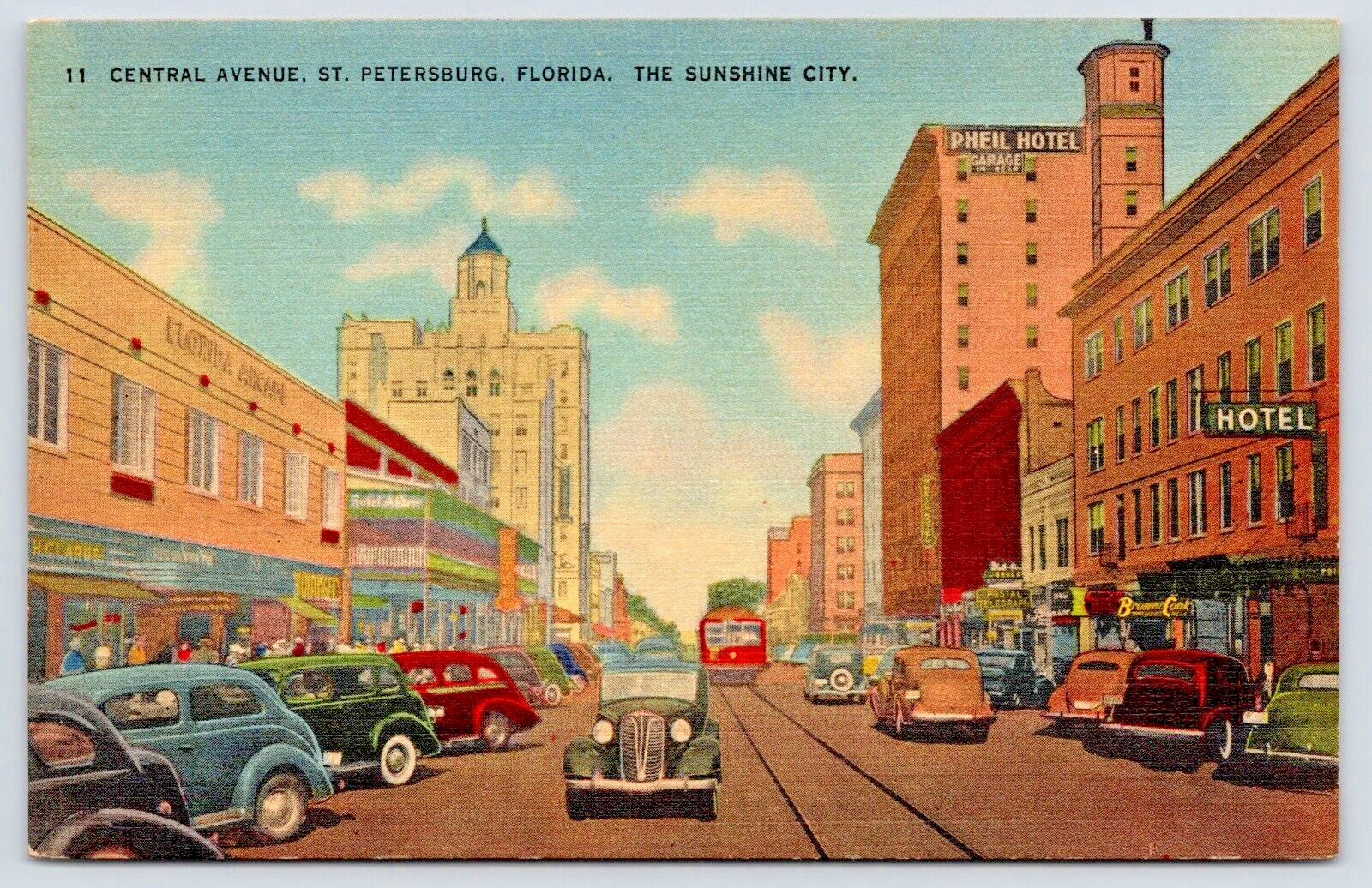 Postcard St Petersburg FL Street Scene c1940's Cars Trolley Pheil Hotel A19