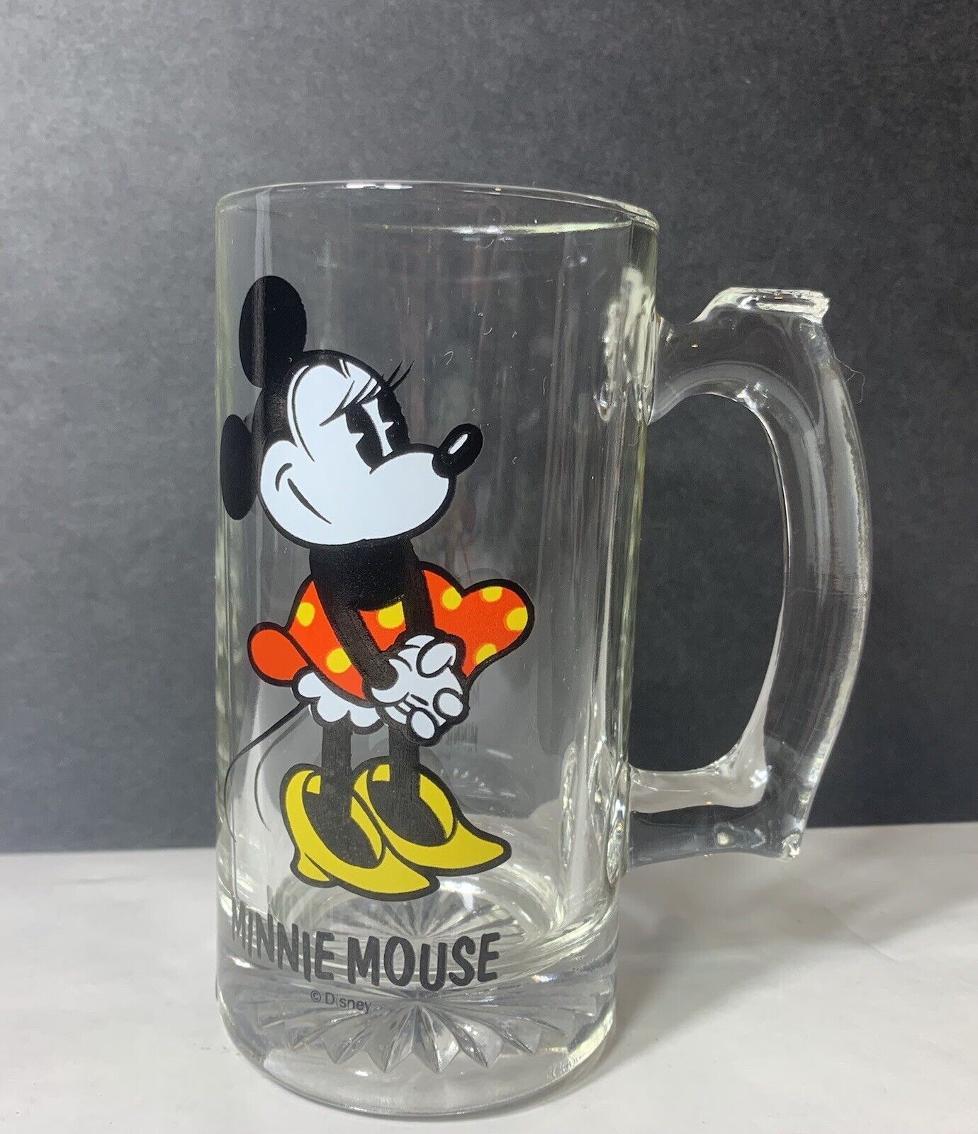 Vintage Disney Minnie Mouse Clear Glass Tall Drinking Mug Stein