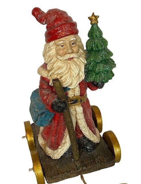 Old World Wooden Santa on Wheels Shimmery Christmas Décor