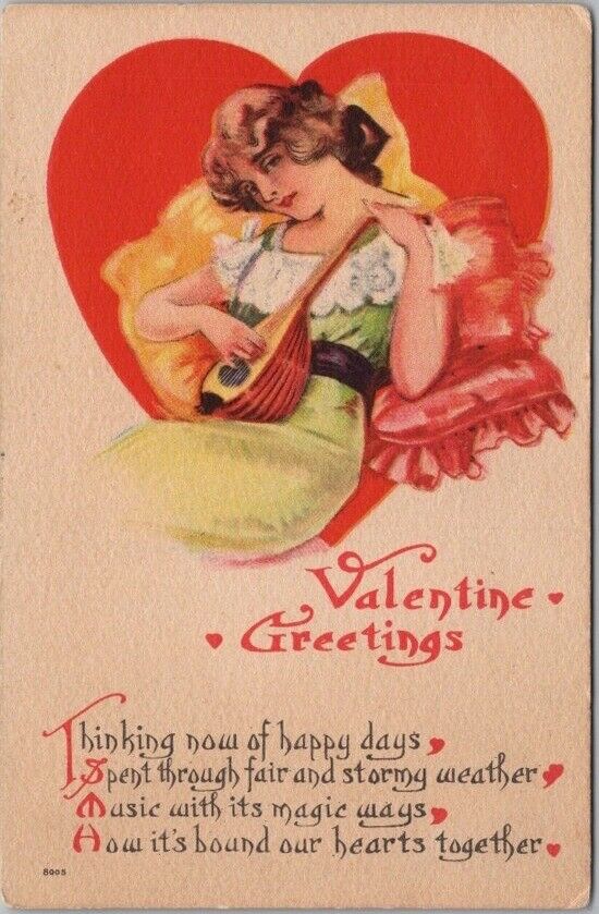 1910s VALENTINE\'S DAY Greetings Postcard Pretty Girl with MANDOLIN Bergman