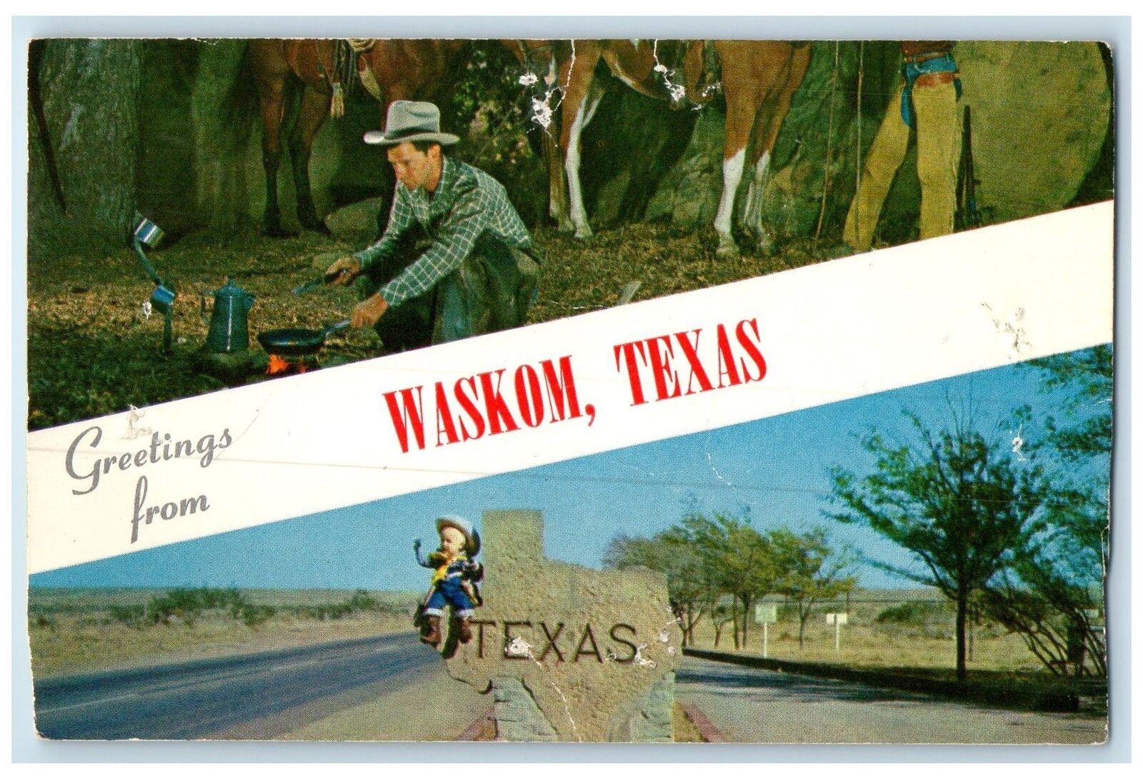 c1950's Greetings From Waskom Cooking Cowboy Highway Texas TX Unposted Postcard
