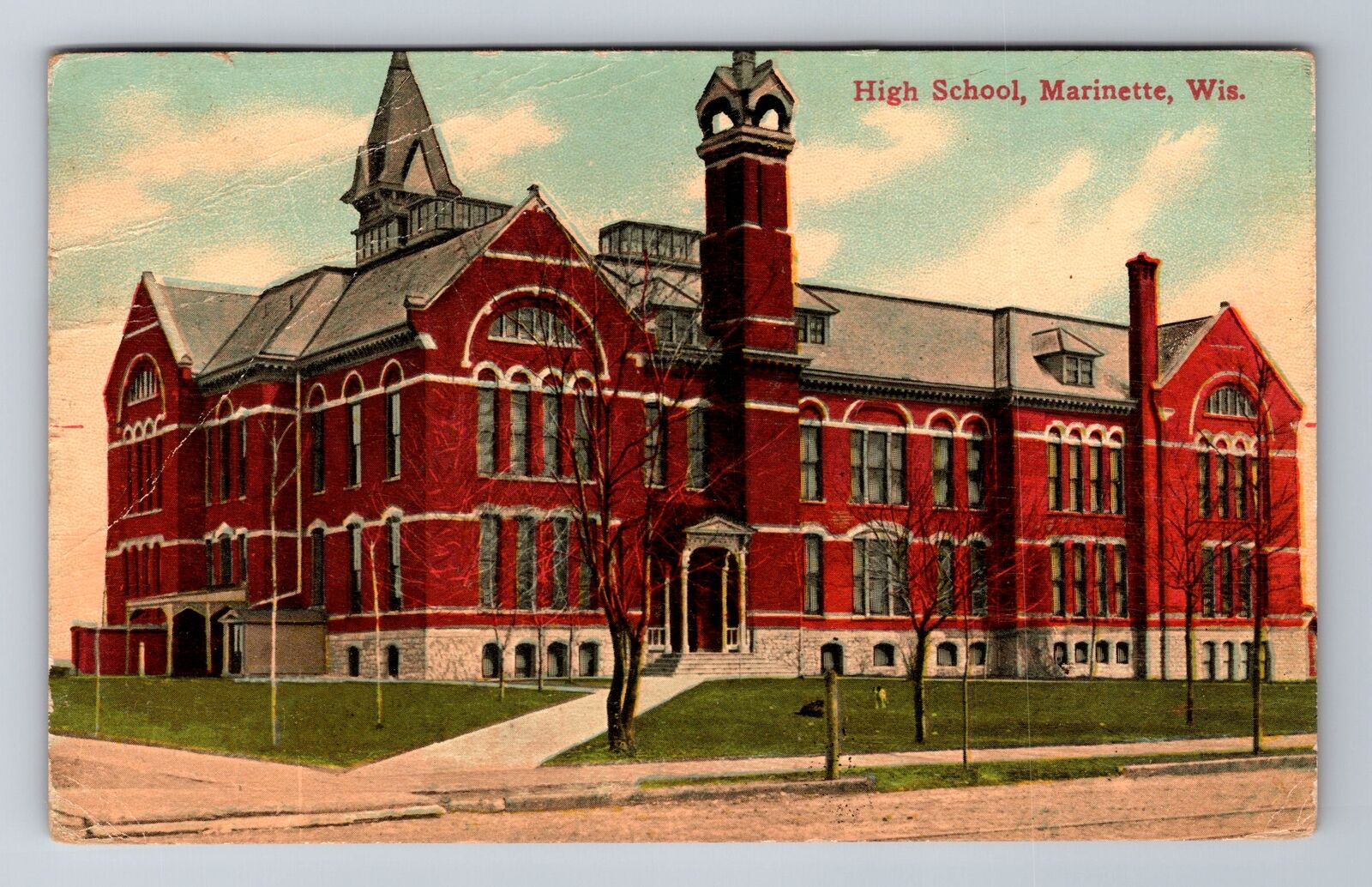 Marinette WI-Wisconsin, High School, Antique Vintage Souvenir Postcard