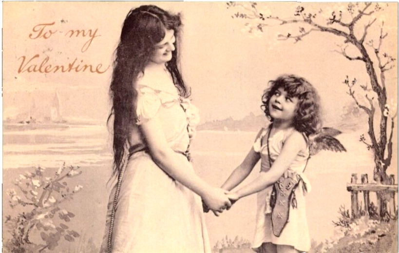Antique Postcard To MyValentine Fantasy Studio Photo Girl Cupid 1909