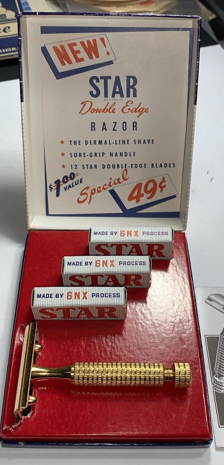 Star Double Edge Safety Razor NOS Mint In Box With Blades Display Barber Shop