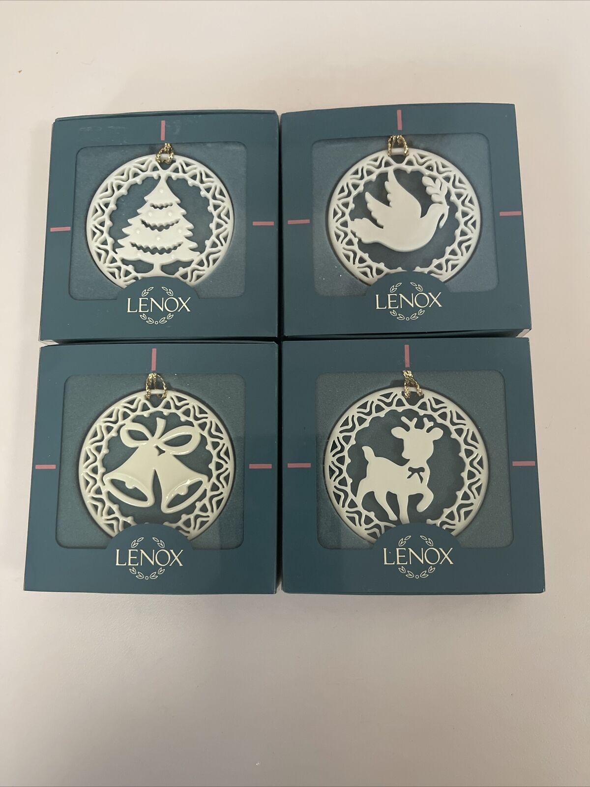 Lot Of 4 Lenox China Ornament Deer Dove Tree Bells In Box *B18