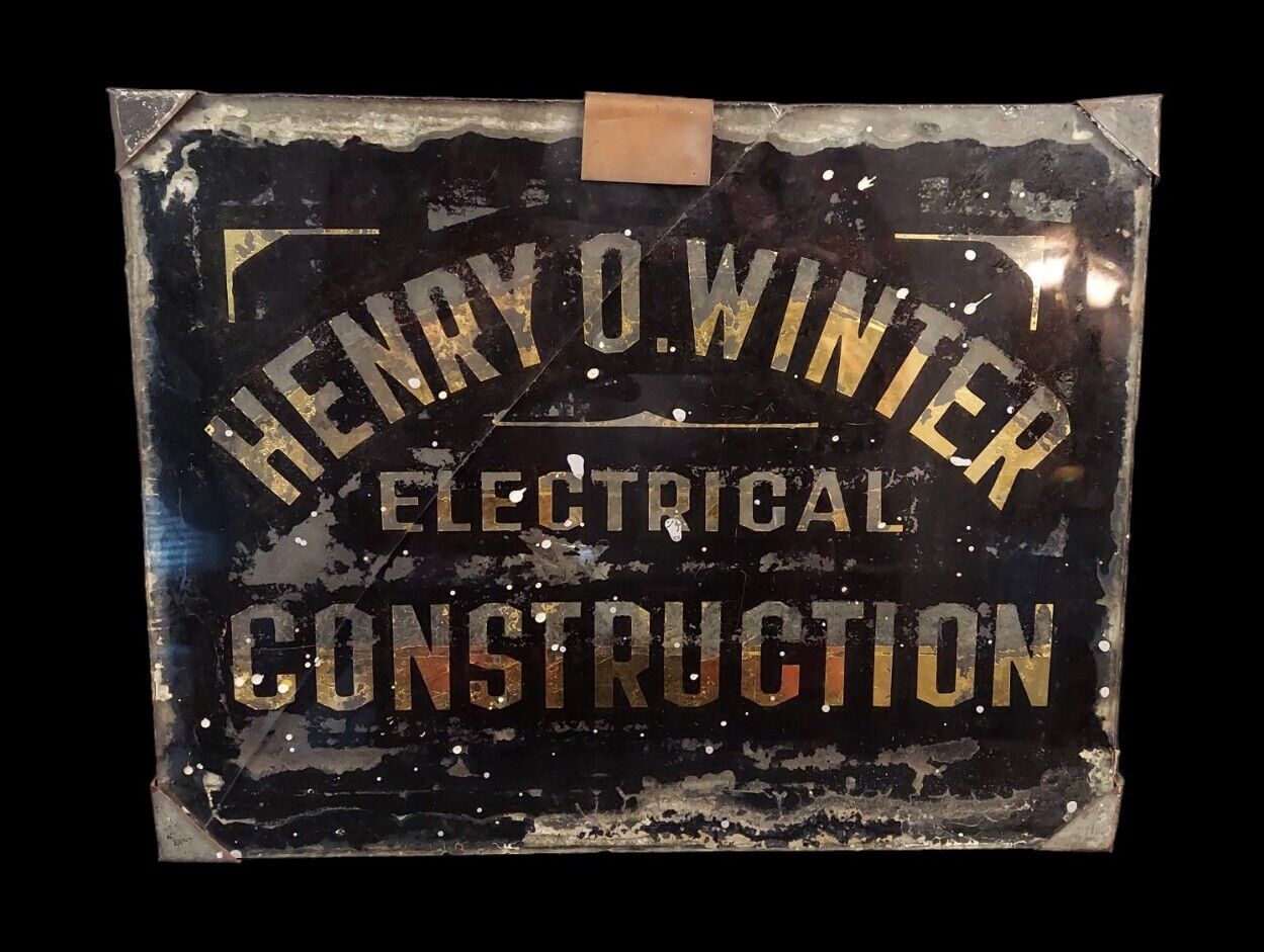 Antique reverse painted glass sign Electrical Construction Henry Winter