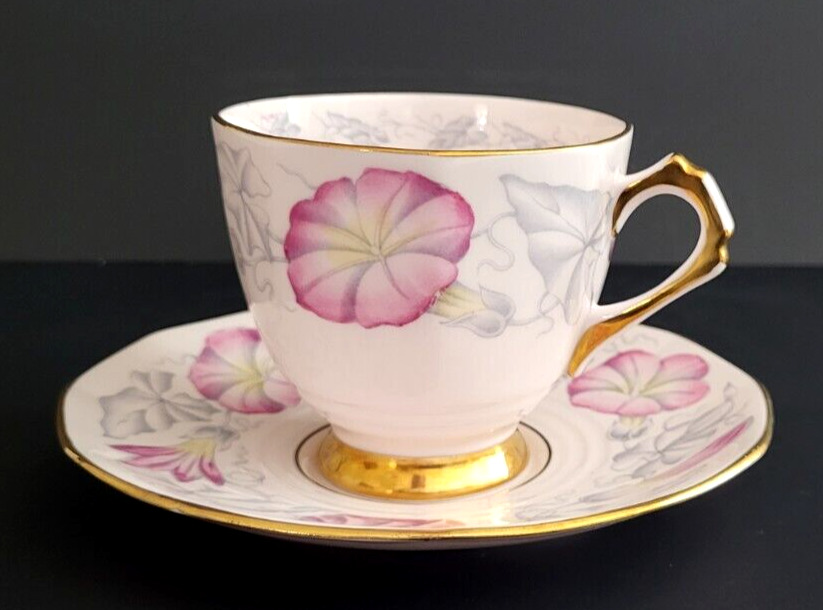 Tuscan English China England Vintage 1950\'s Pink Morning Glory Tea Cup & Saucer