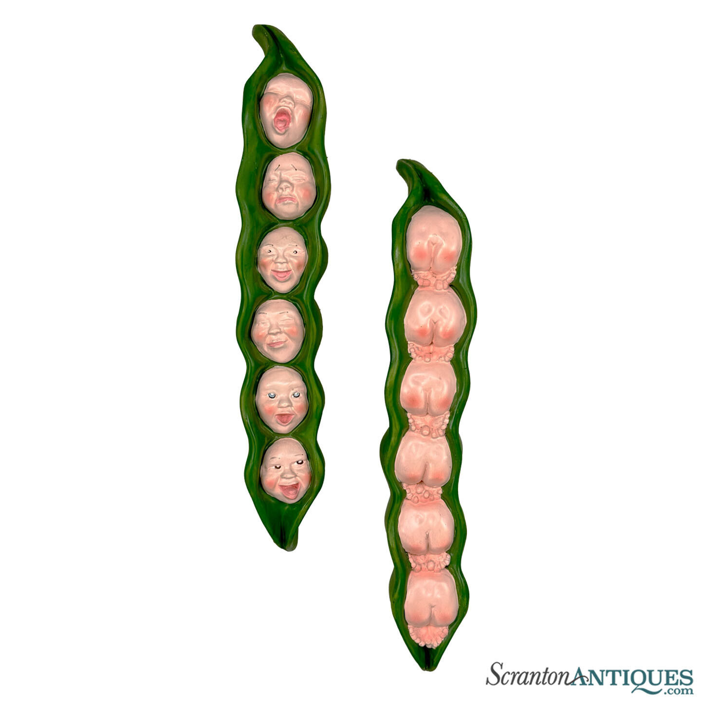 Vintage Oddity Baby Peas in a Pod Chalkware Wall Hanging Sculptures - A Pair