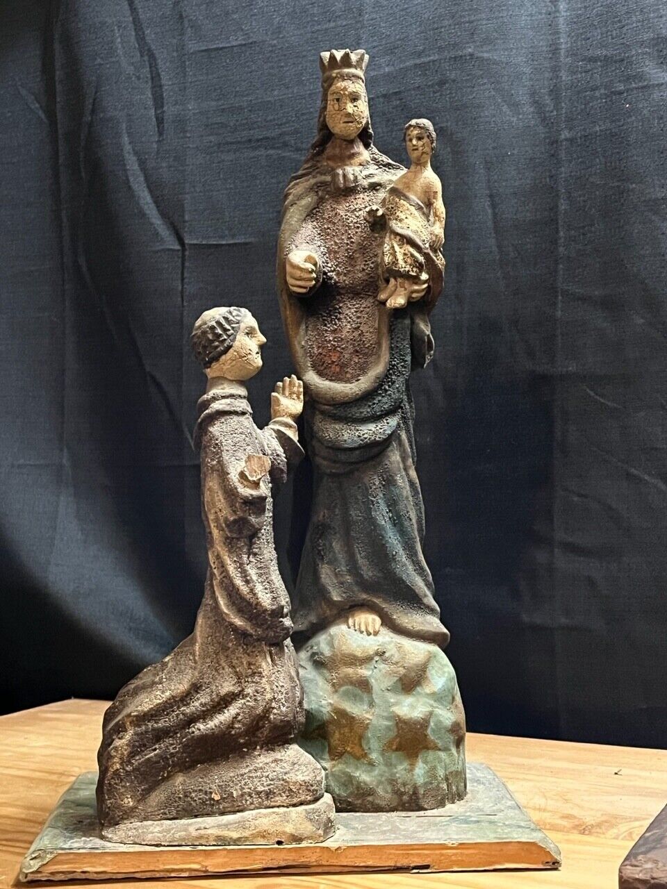 Antique Carved Wooden Polychrome MARY, JESUS and Priest? VERY OLD, VERY UNIQUE