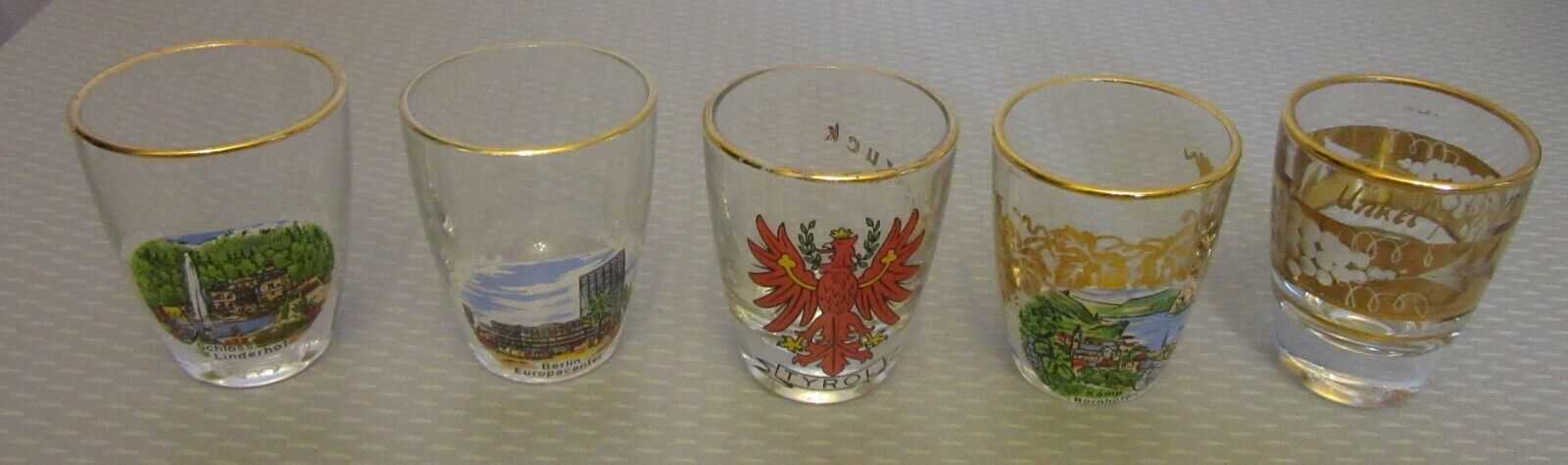 5 vtg German souvenir scene CRYSTAL SHOT GLASSES Berlin Rhein 2\