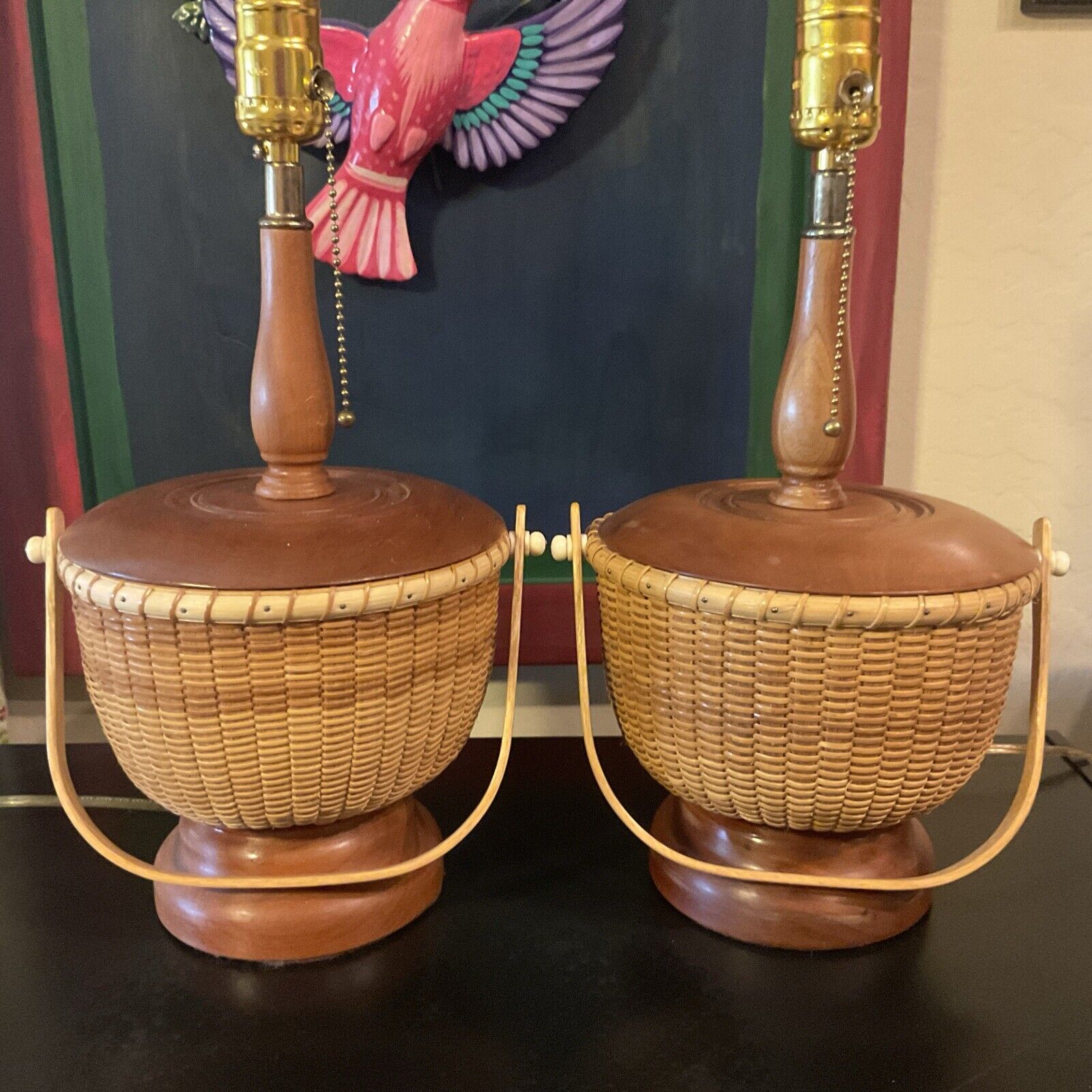 Mid-Century Modern Pair Wooden Leviton Table Lamps Picnic Basket’s DARLING
