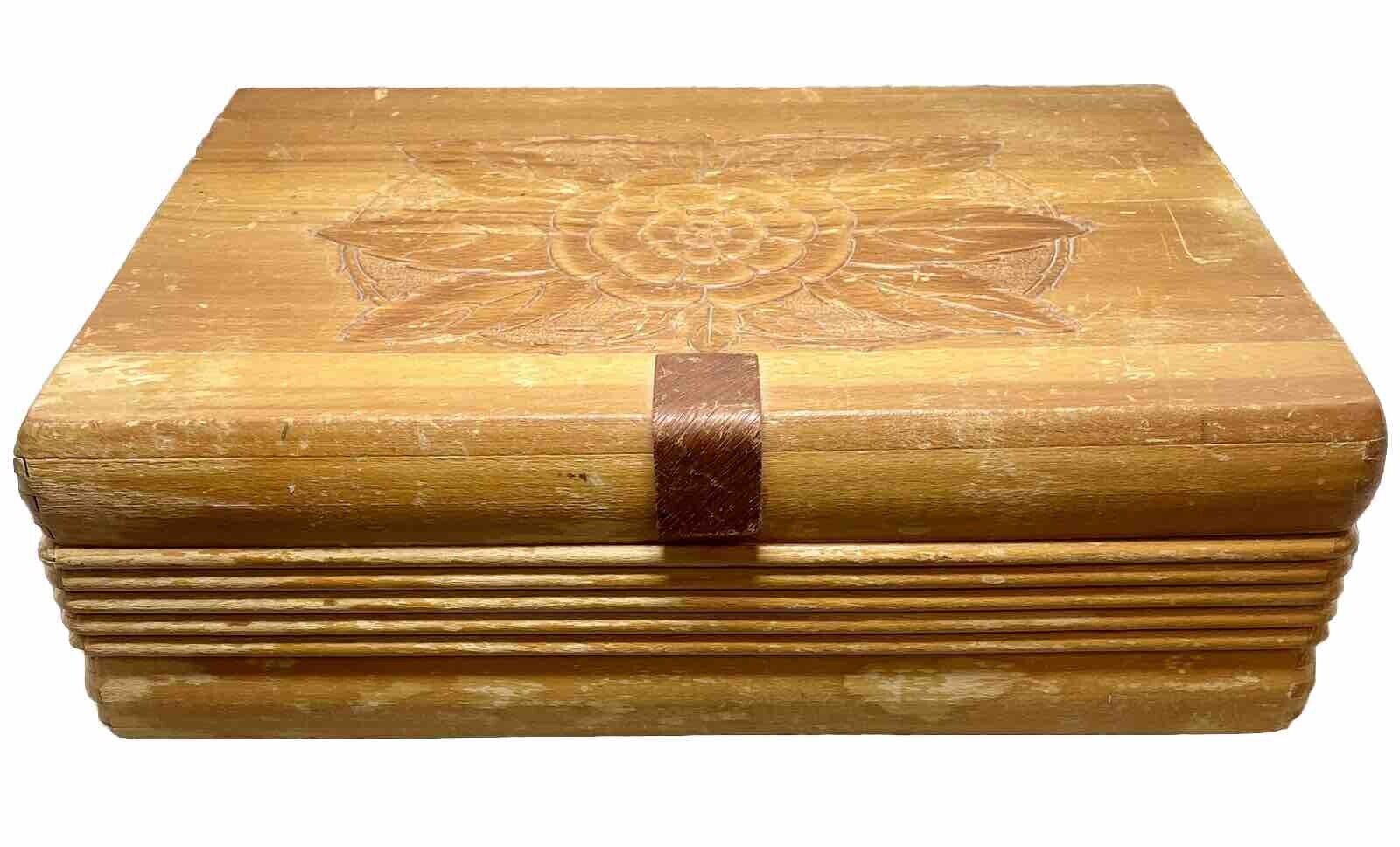 Vintage hand carved wooden box vintage With  Top Floral Crafted Design .