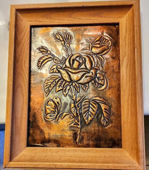 Copper Embossed Engraved Hammered 50's Rose Art Piece in Wood Frame