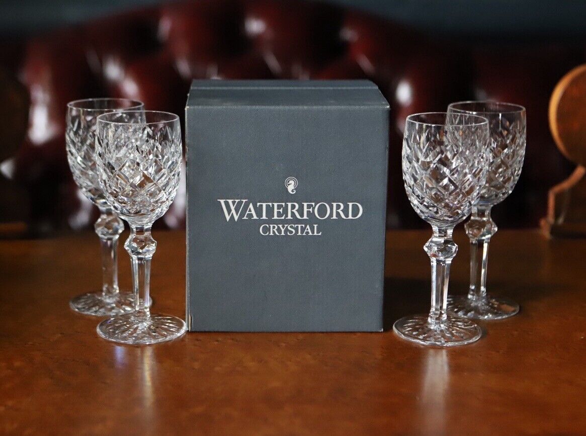 4 Vintage WATERFORD crystal glasses POWERSCOURT White Wine Glasses 6 3/8” ~Boxed