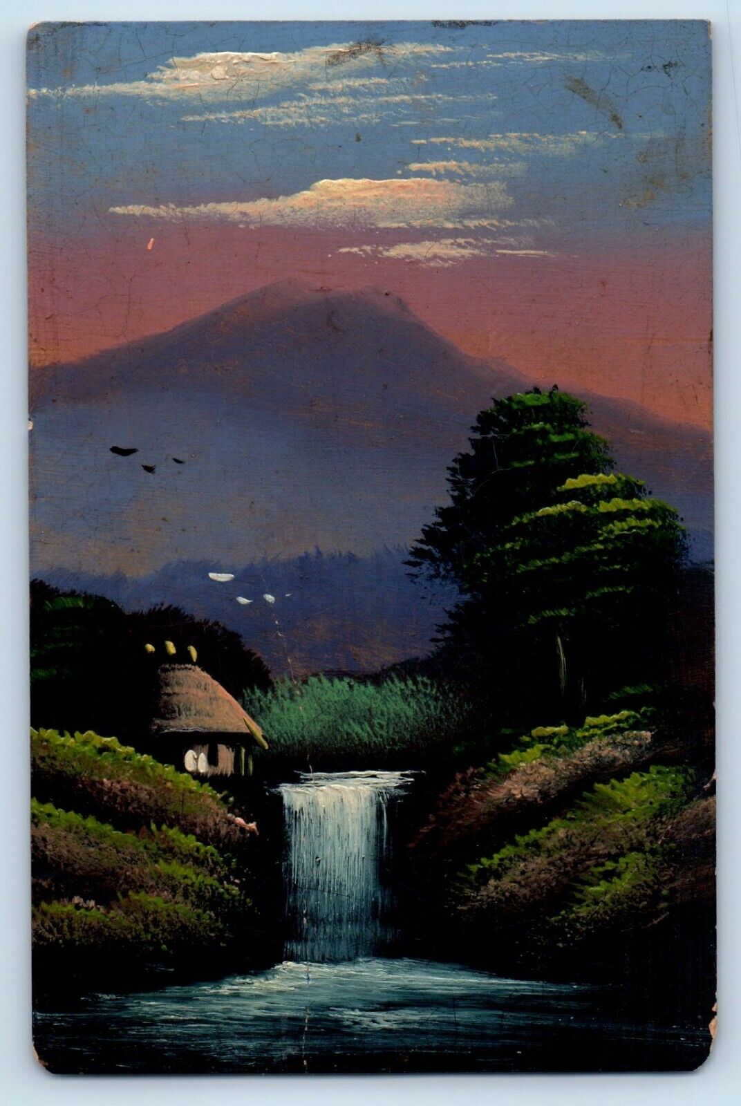 Handpainted Postcard Art Mt. Fuji Hand Drawn Waterfall 1914 Posted Antique
