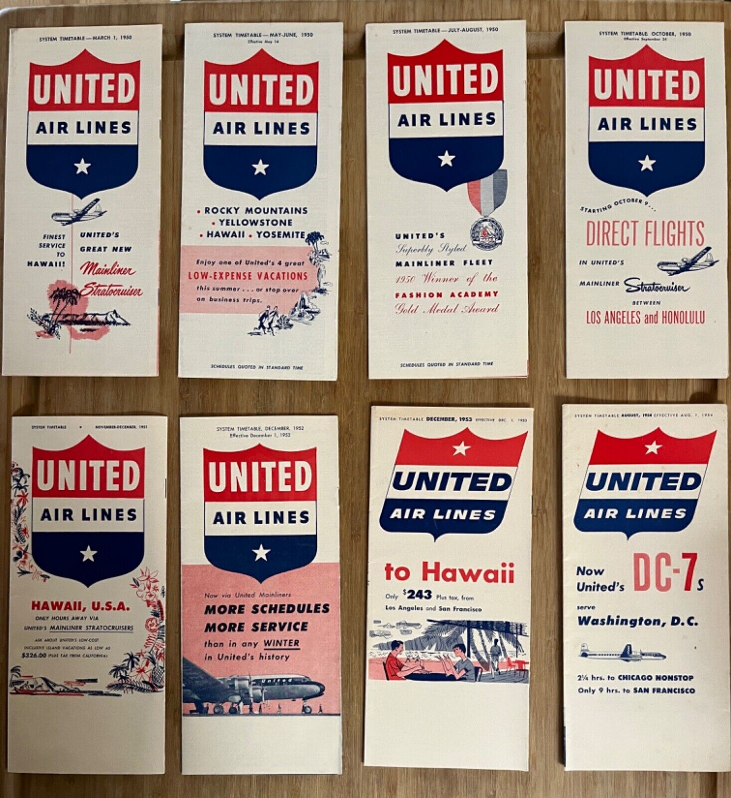 Lot of 8 UNITED Airlines  1950s  Timetables