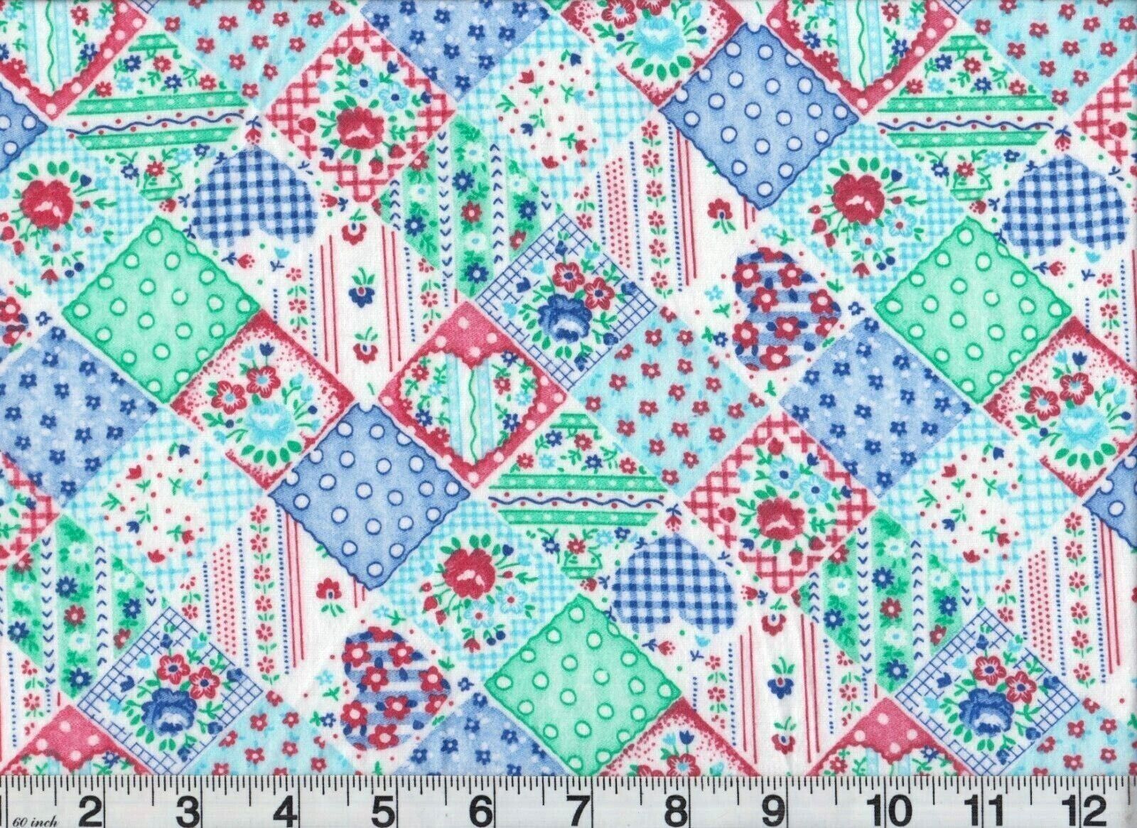 Flannel Fabric Country  Hearts Flowers Checked 1960s Soft Flannel Vintage
